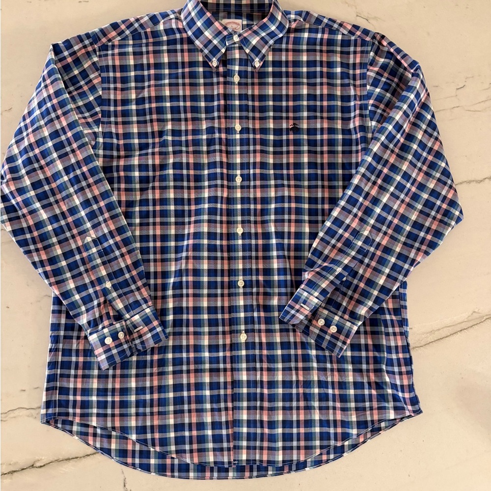 Brooks Brothers Fit Shirt Men L Blue Plaid Non-Iron Supima Cotton